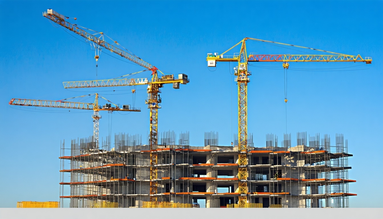 A modern construction site with cranes and scaffol